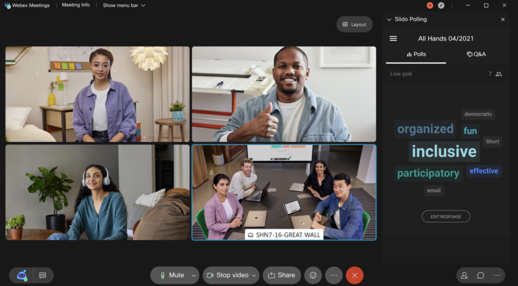Webex video conference with five participants and integrated Slido polling showing real-time feedback.